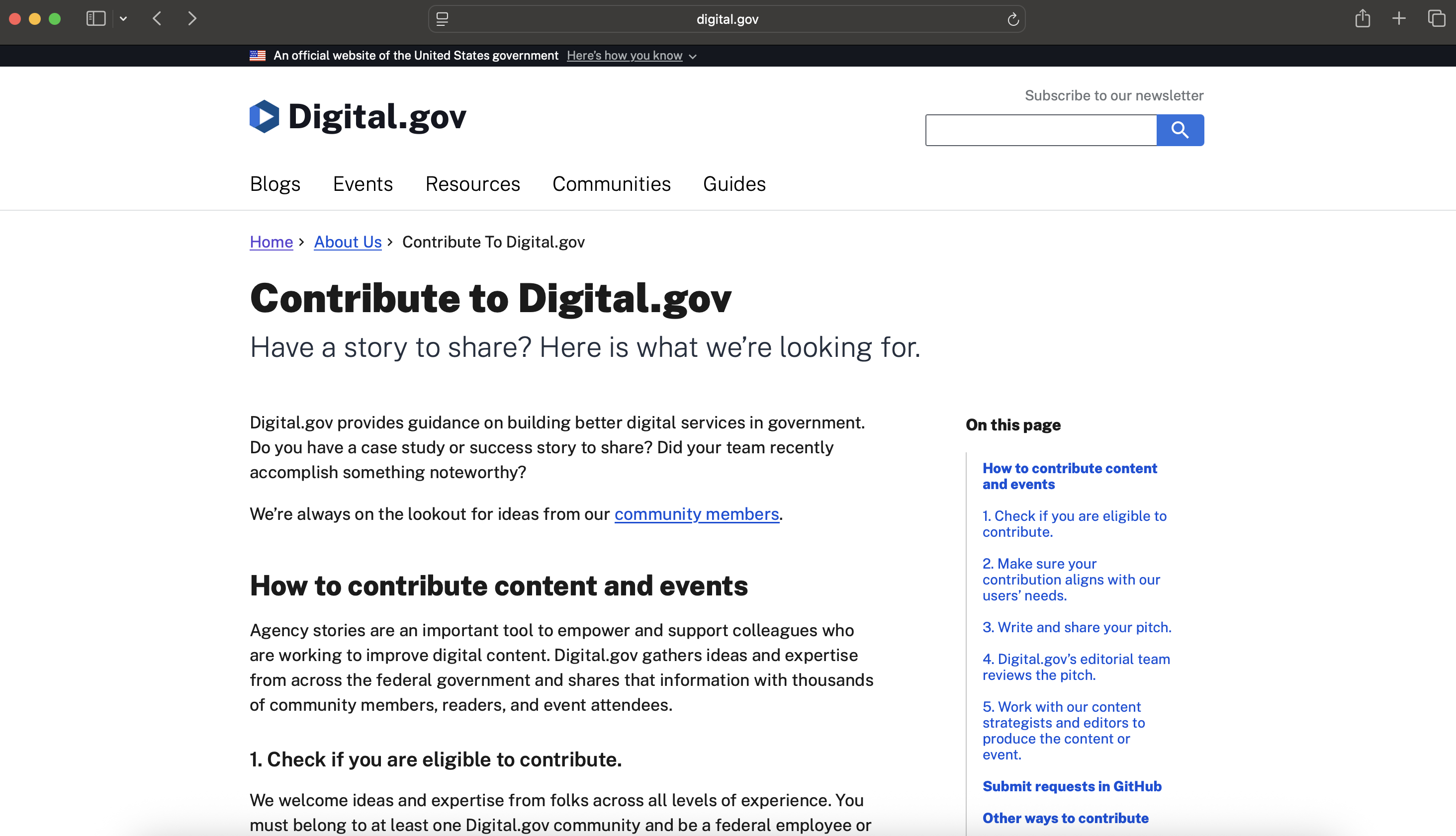 Digital.gov content SOP Screengrab of Digital.gov, page title: Contribute to Digital.gov
